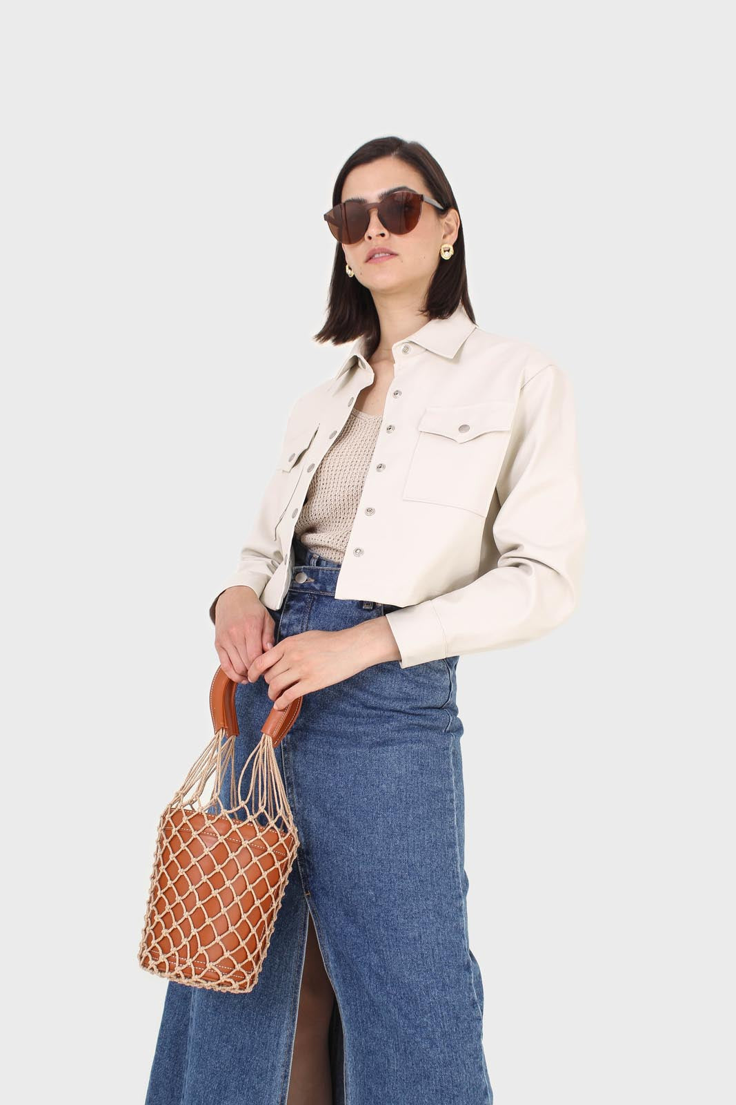 Ivory vegan leather cropped shirt jacket