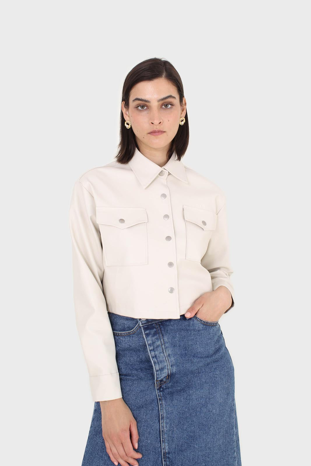 Ivory vegan leather cropped shirt jacket