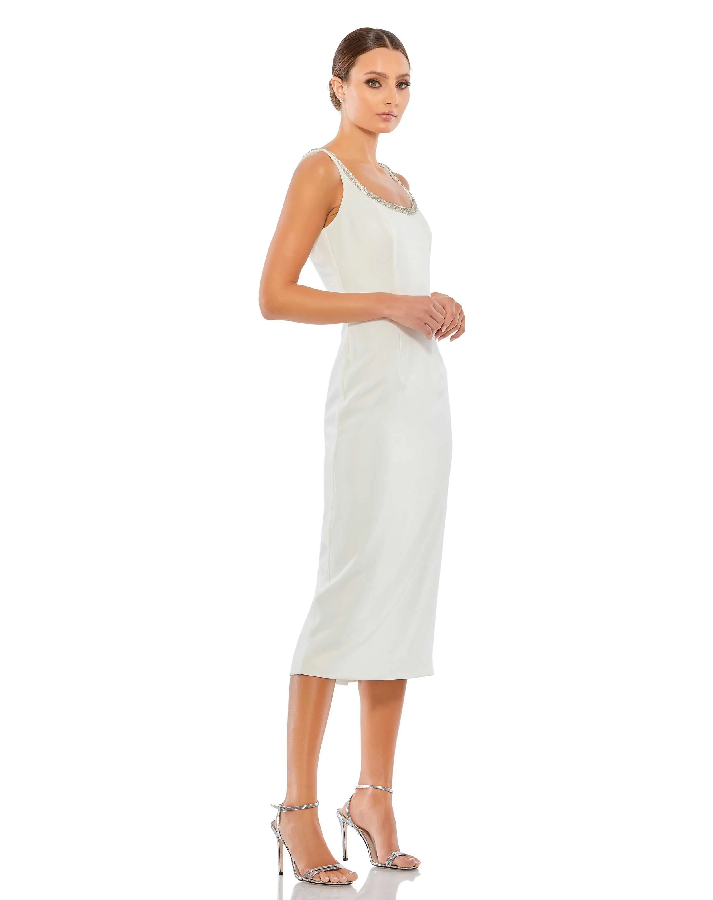 White Jeweled Scoop Neck Fitted Midi Dress