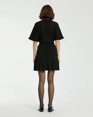 Black Short Sleeve Gold Button Front Crochet Knit Dress with Pleated Hem - FINAL SALE