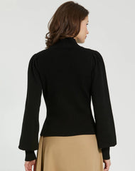 Black Ribbed Knit Balloon Sleeve Turtle Neck Sweater - FINAL SALE