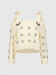 Ivory Chunky Knit Off The Shoulder Grommet Cropped Sweater - FINAL SALE