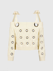 Ivory Chunky Knit Off The Shoulder Grommet Cropped Sweater - FINAL SALE