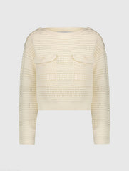 White Long Sleeve Crochet Knit Crew Neck Sweater With Pockets - FINAL SALE
