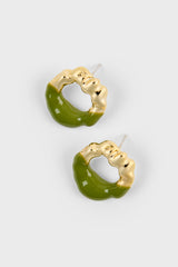 Khaki enamel dipped gold organic circle earrings