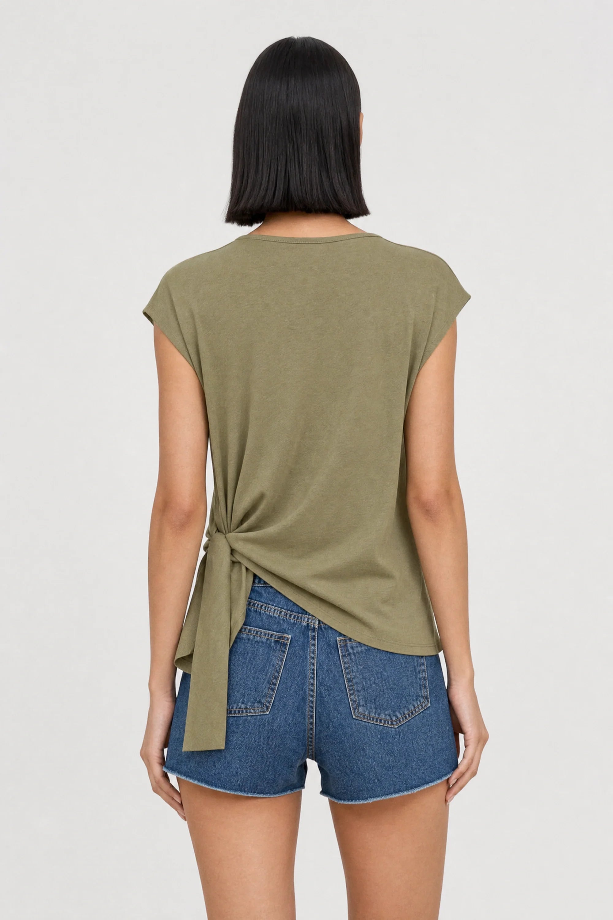 Khaki tie waist round neck tank