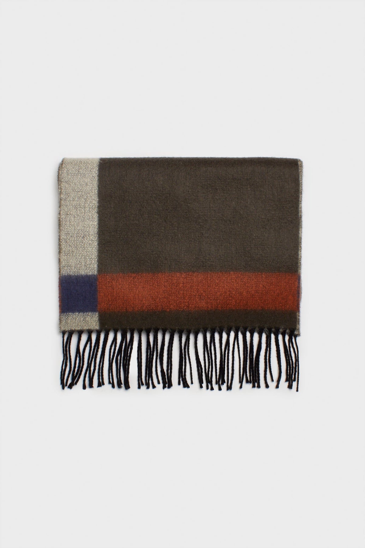Khaki and orange contrast block fringe scarf