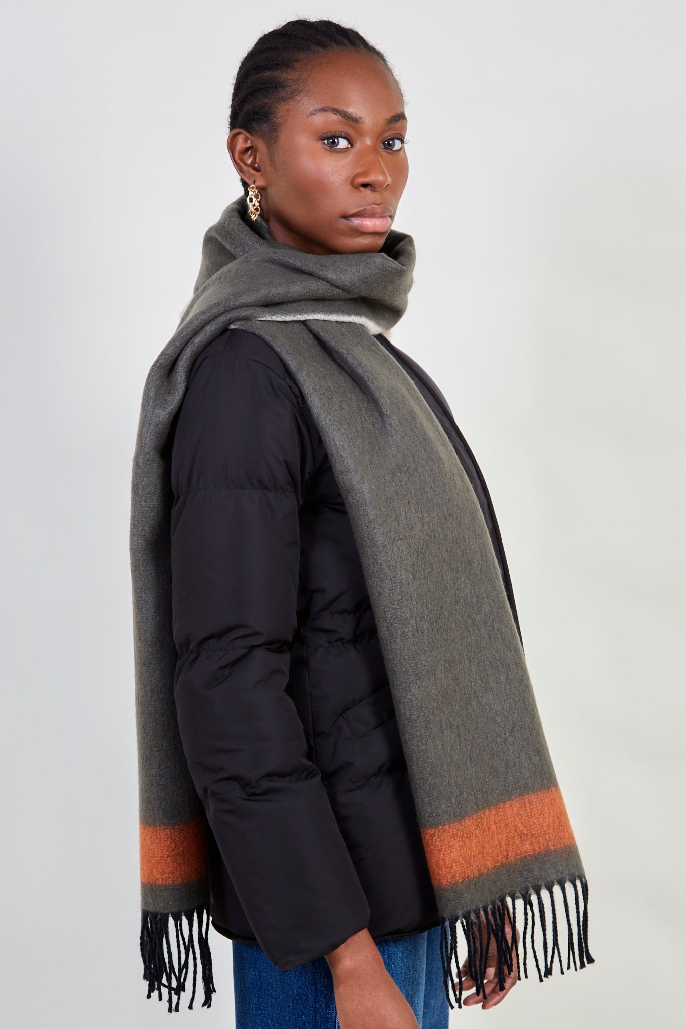 Khaki and orange contrast block fringe scarf