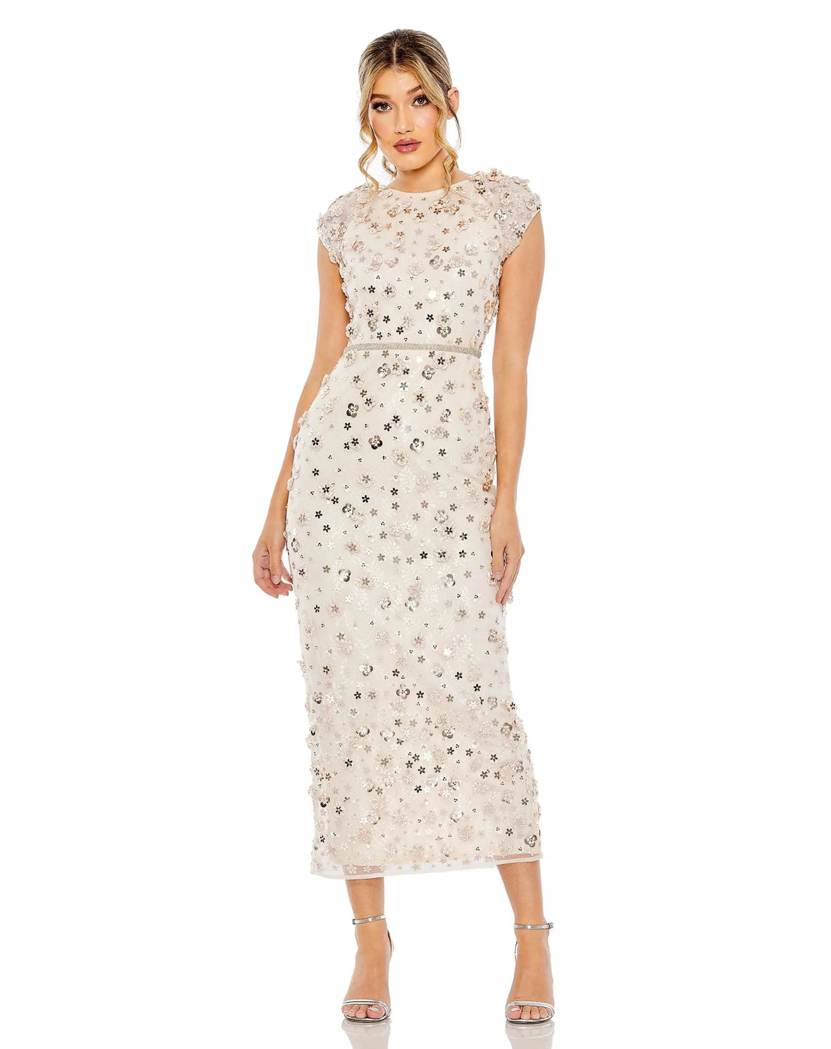 Light Pink Floral Applique Cap Sleeve Sheath Dress