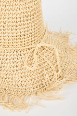 Light beige fringe trim straw hat