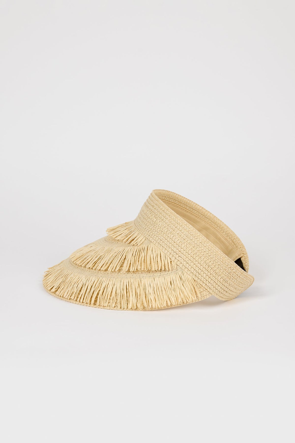 Light beige tiered straw sun visor