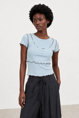 Light blue and black lettuce trim double layer tank tee