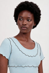 Light blue and black lettuce trim double layer tank tee