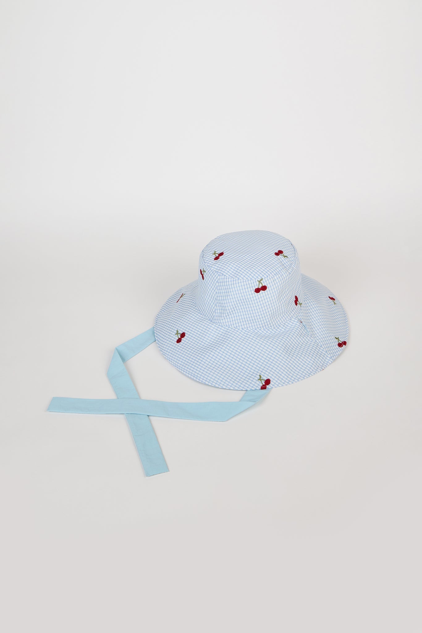 Light blue gingham embroidered cherry reversible sun hat