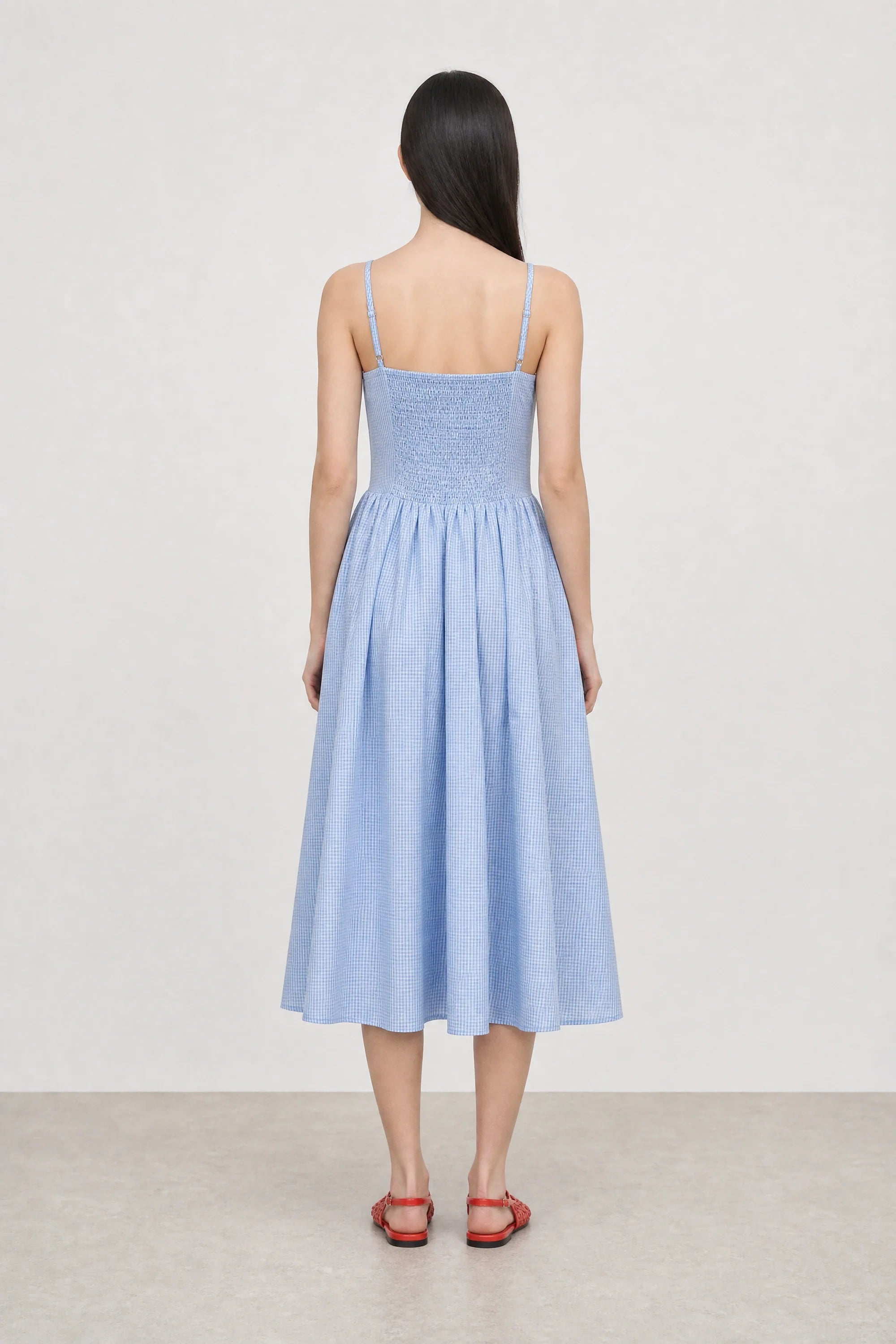 Light blue gingham ruched back dress