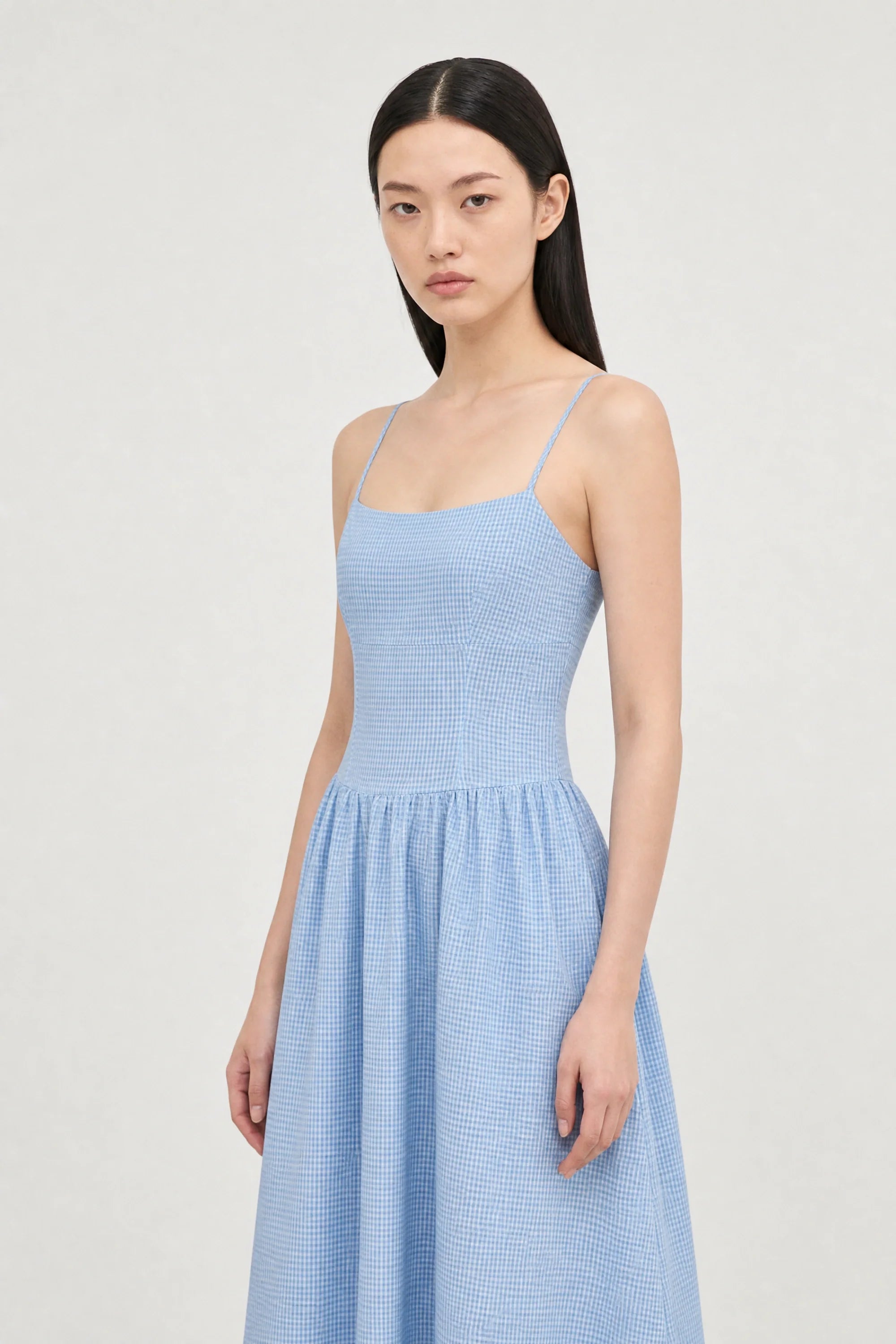 Light blue gingham ruched back dress