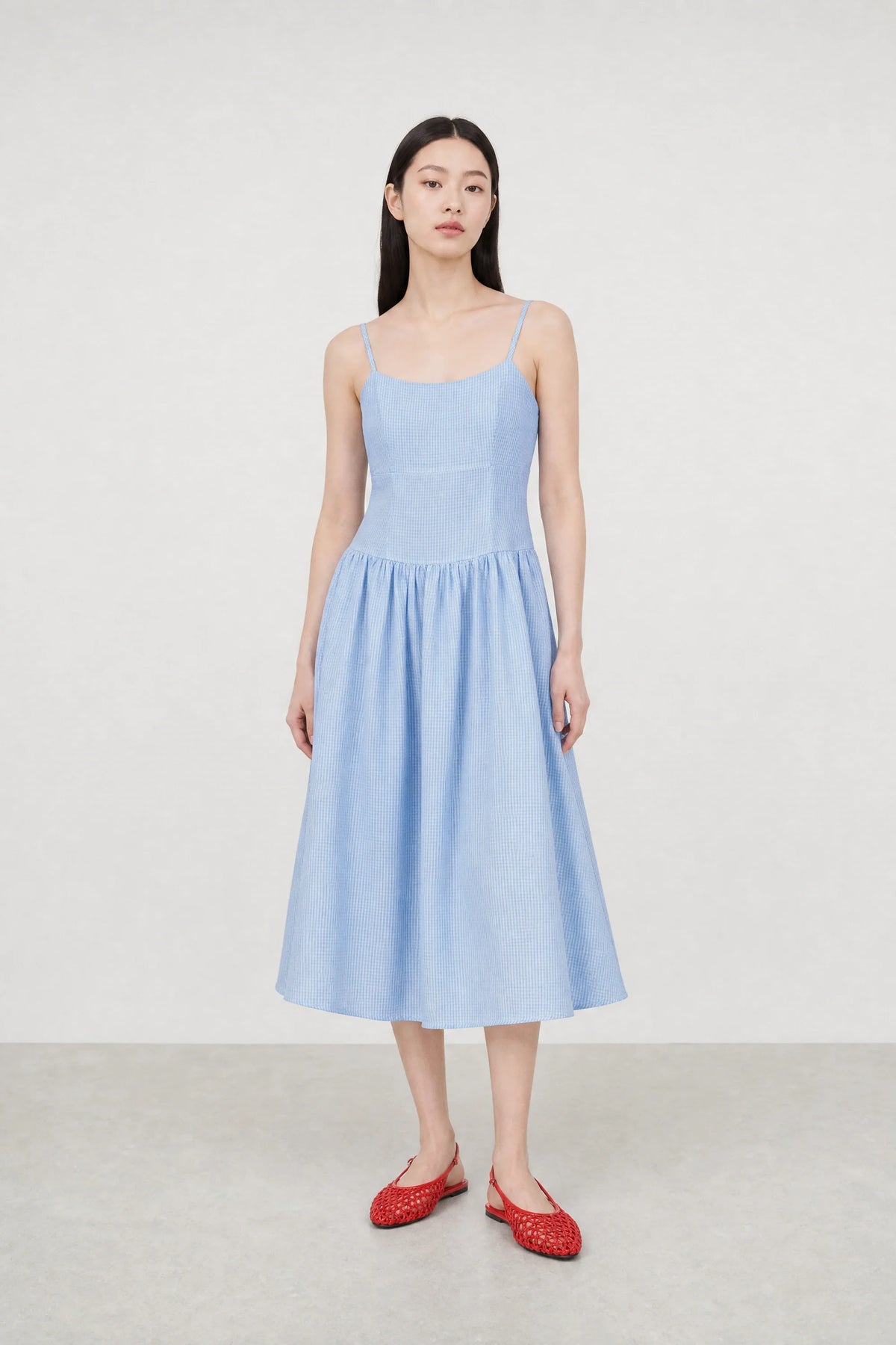 Light blue gingham ruched back dress