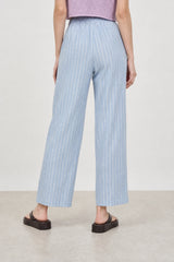Light blue pinstripe denim relaxed fit drawstring trousers