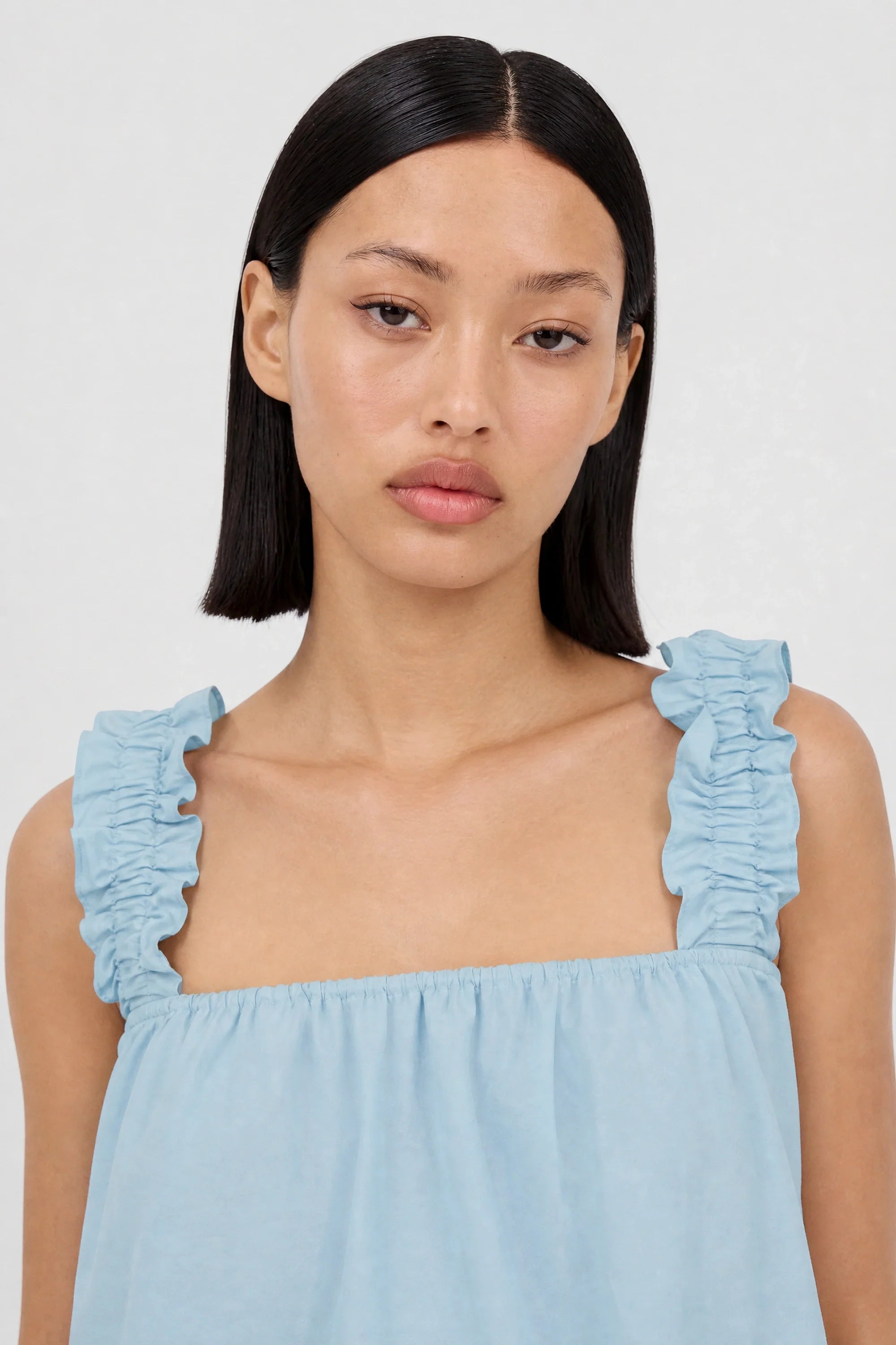 Light blue thick ruched strap tank blouse