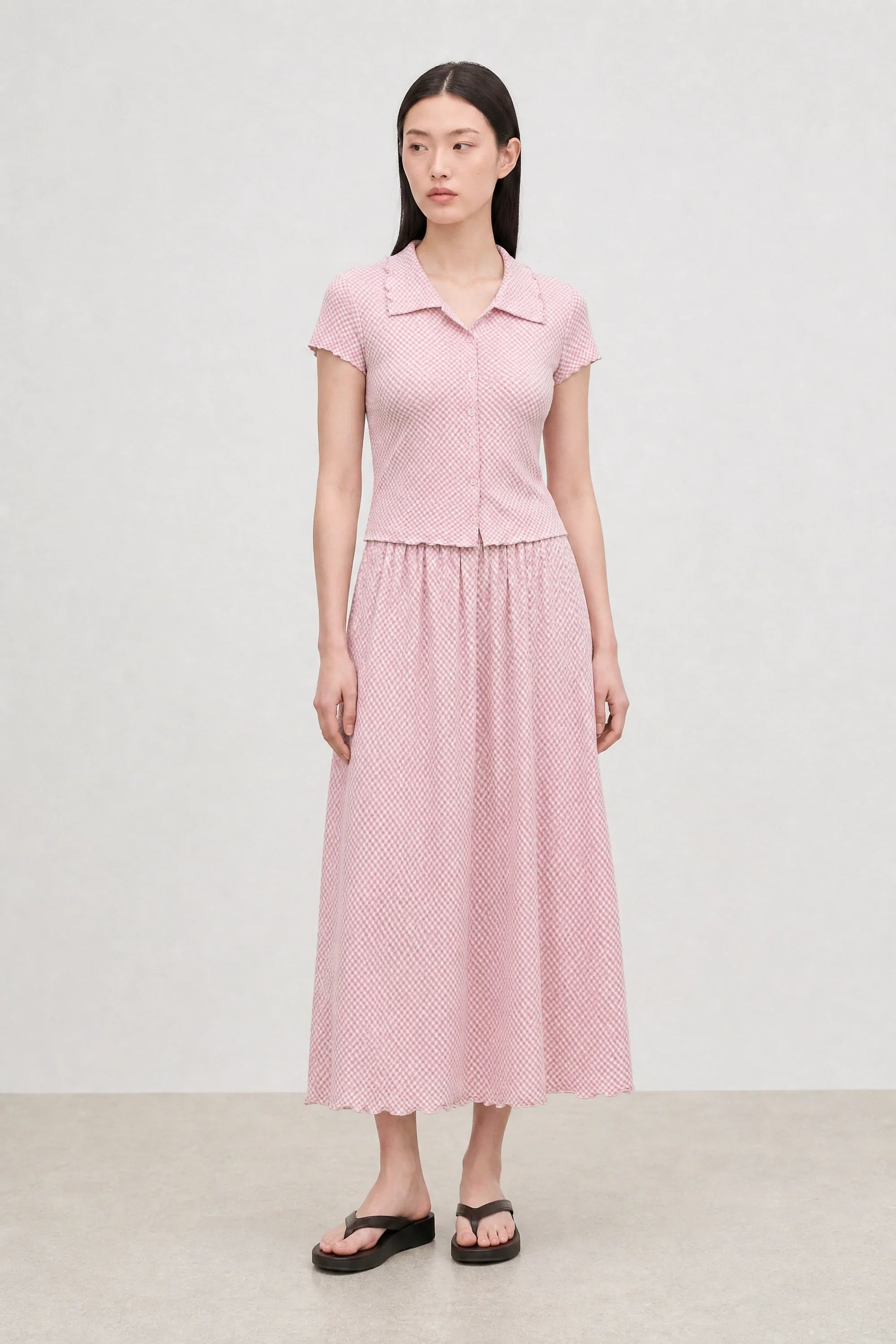 Light pink and white gingham lettuce trim pencil skirt