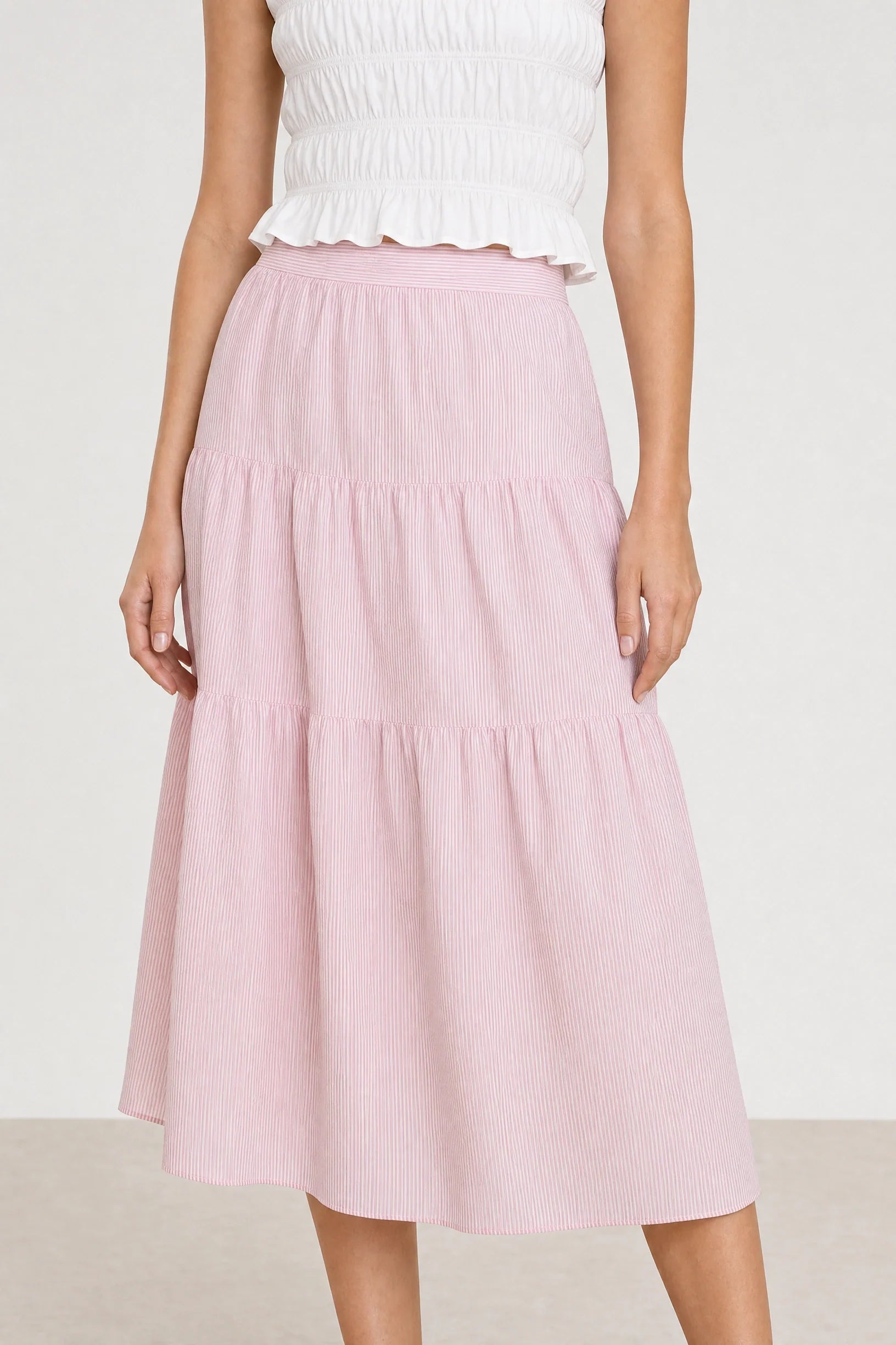 Light pink seersucker tiered midi skirt