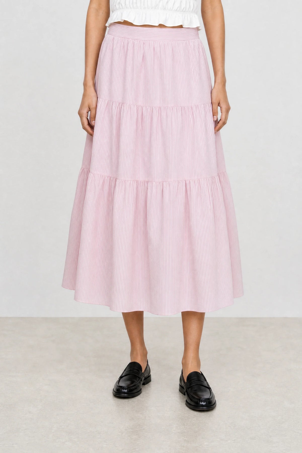 Light pink seersucker tiered midi skirt