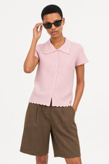 Light pink and white gingham lettuce trim short sleeve shirt