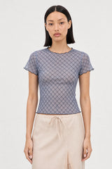 Lilac and black tiny diagonal checked sheer tee