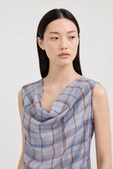 Lilac and yellow plaid asymmetric draped sleeveless blouse