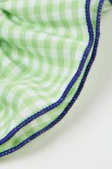 Lime green gingham and navy trim scrunchie