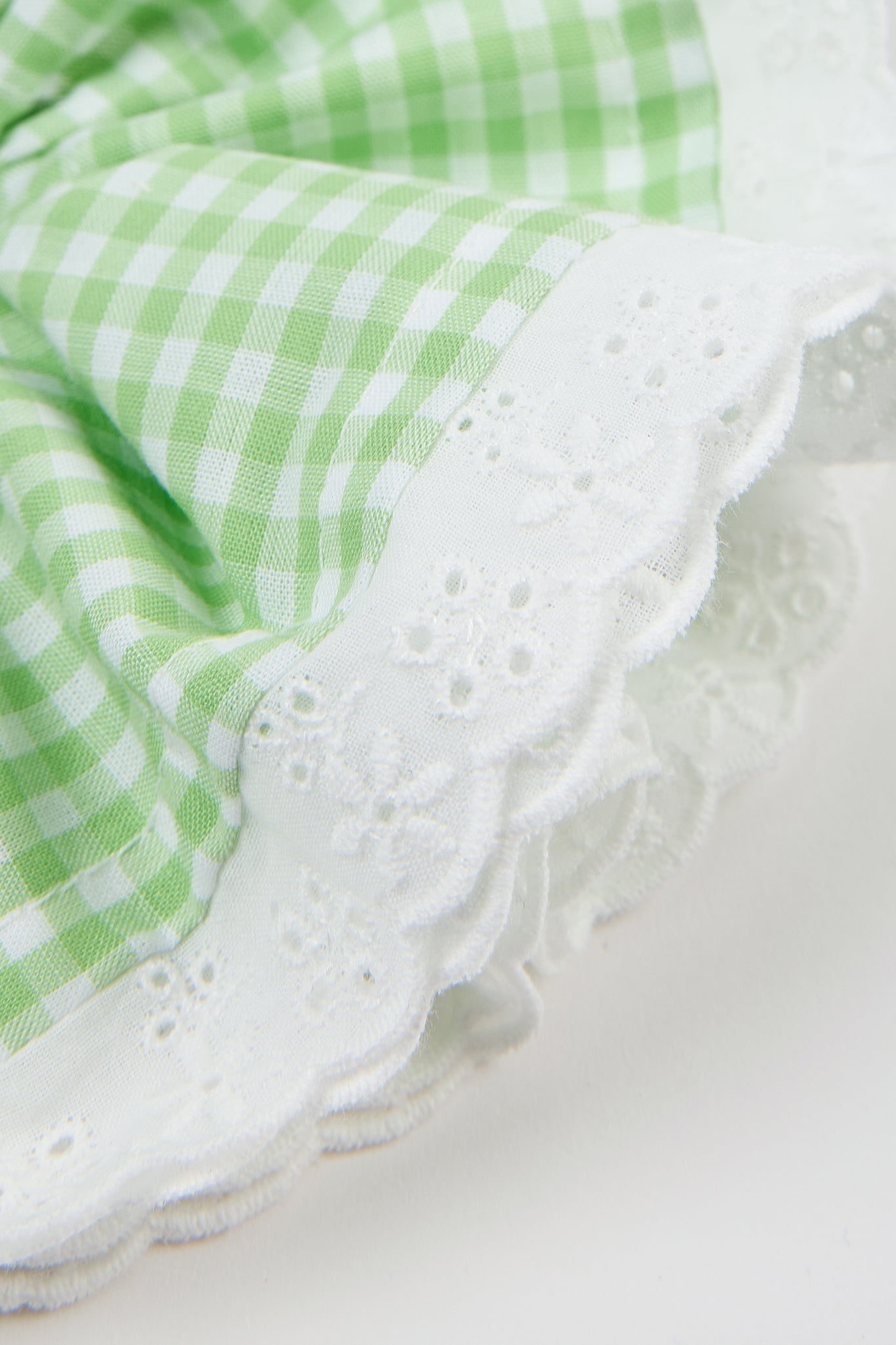 Lime green gingham white eyelet trim scrunchie