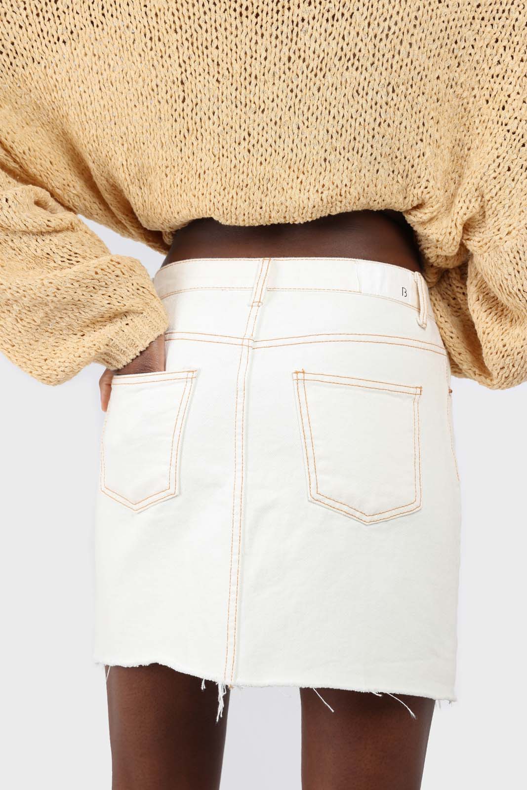 Natural ivory raw hem denim mini skirt - 3755