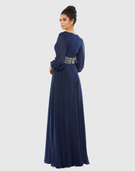 Navy Bishop Sleeve Wrap Over Belt Detail Flowy Gown