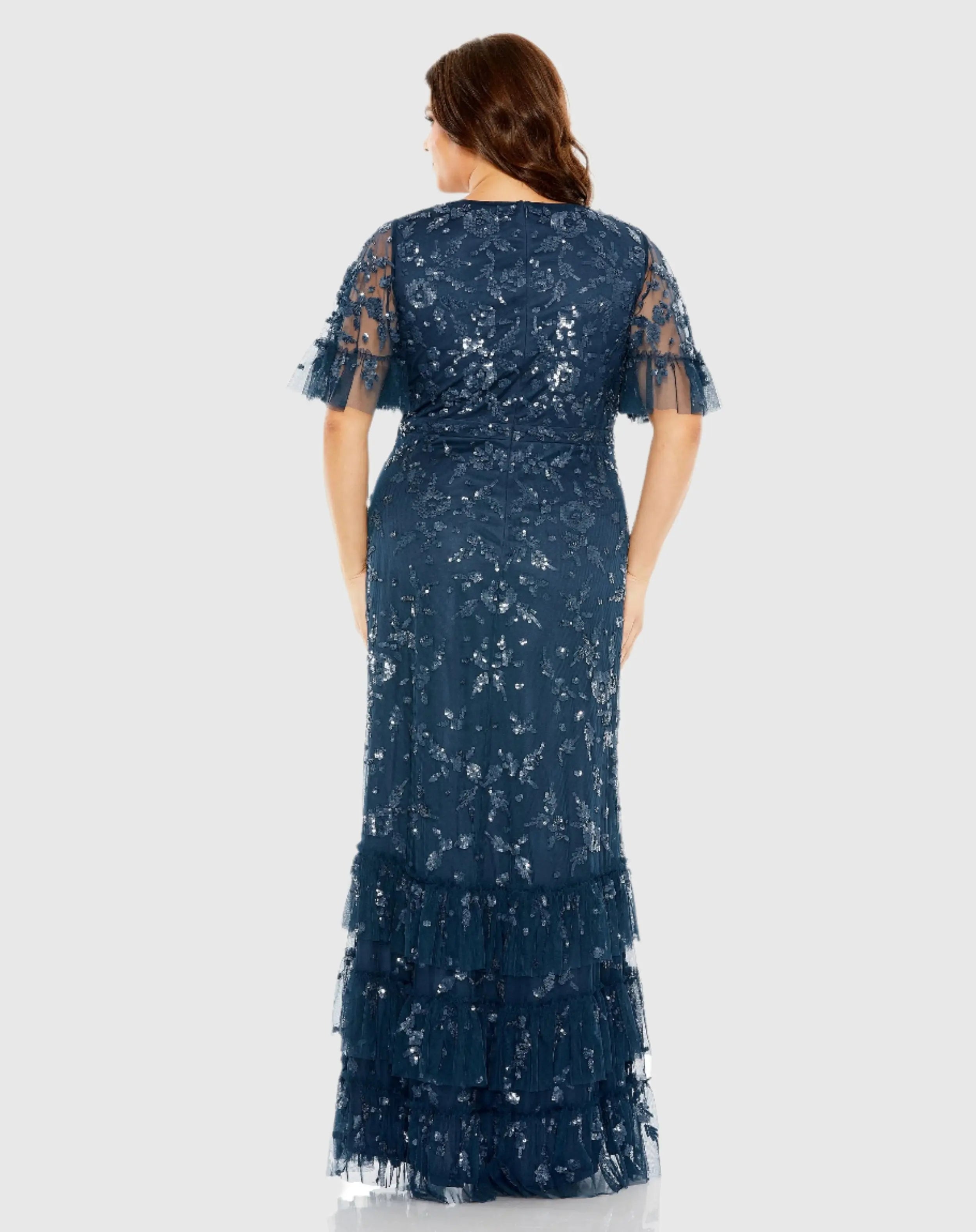 Navy Sequin Embellished Flutter Sleeve V-Neck Gown (Plus)
