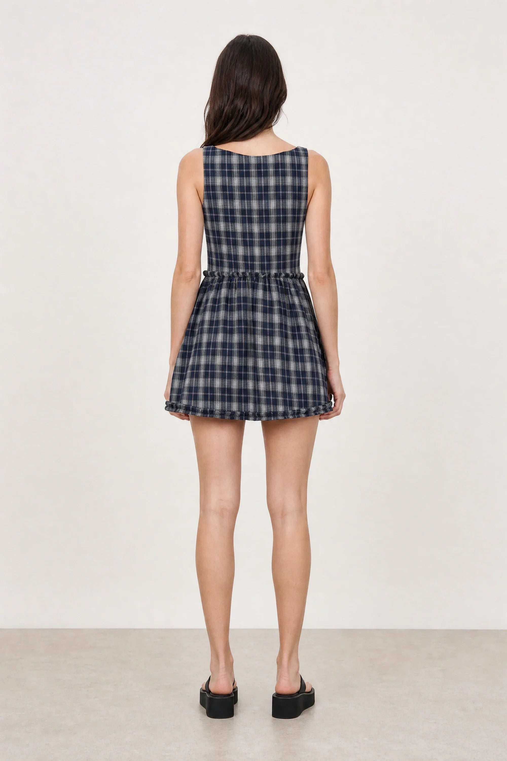 Navy and white plaid sleeveless mini dress