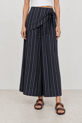 Navy blue and white linen blend striped scarf waist trousers