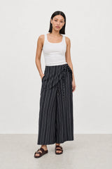 Navy blue and white linen blend striped scarf waist trousers
