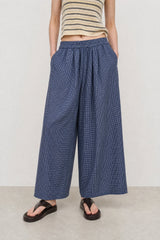 Navy blue and white tiny box check wide leg trousers