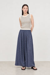 Navy blue and white tiny box check wide leg trousers