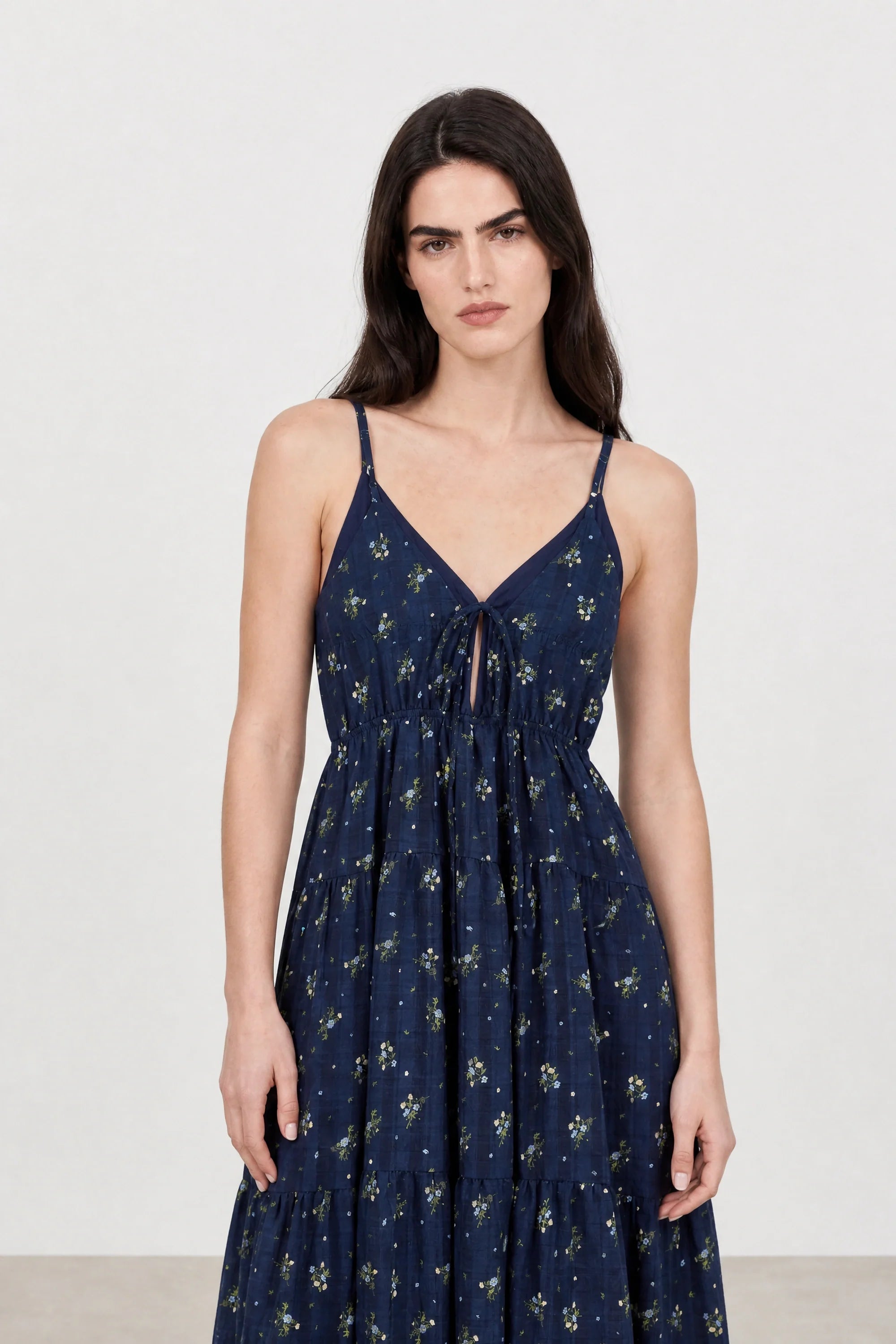 Navy blue floral print tiered tie front dress