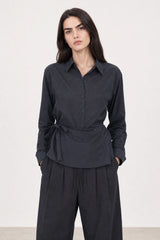 Navy blue horizontal button panel tie waist shirt