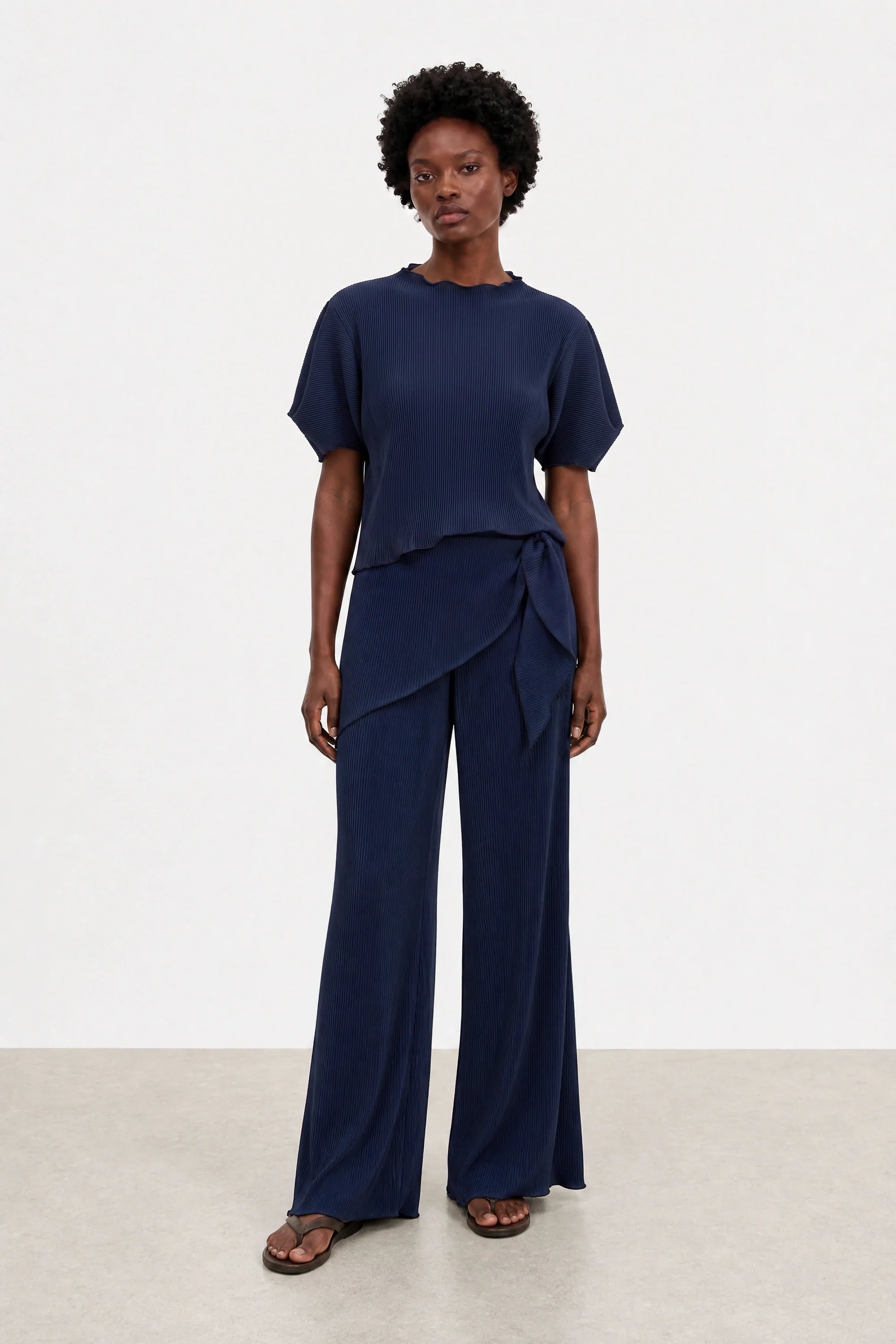 Navy blue ribbed flare trousers