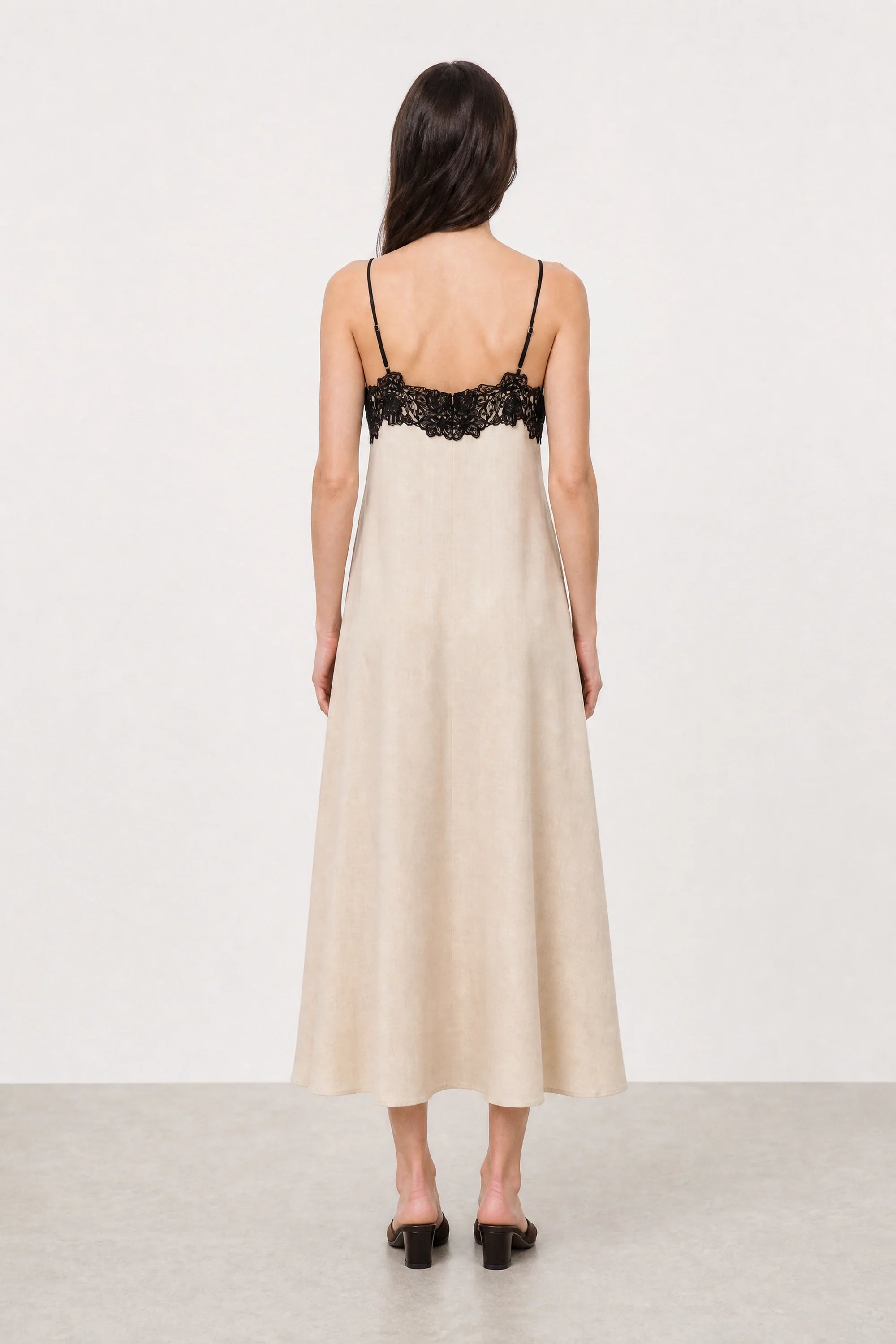 Nude and black lace hidden pocket maxi dress