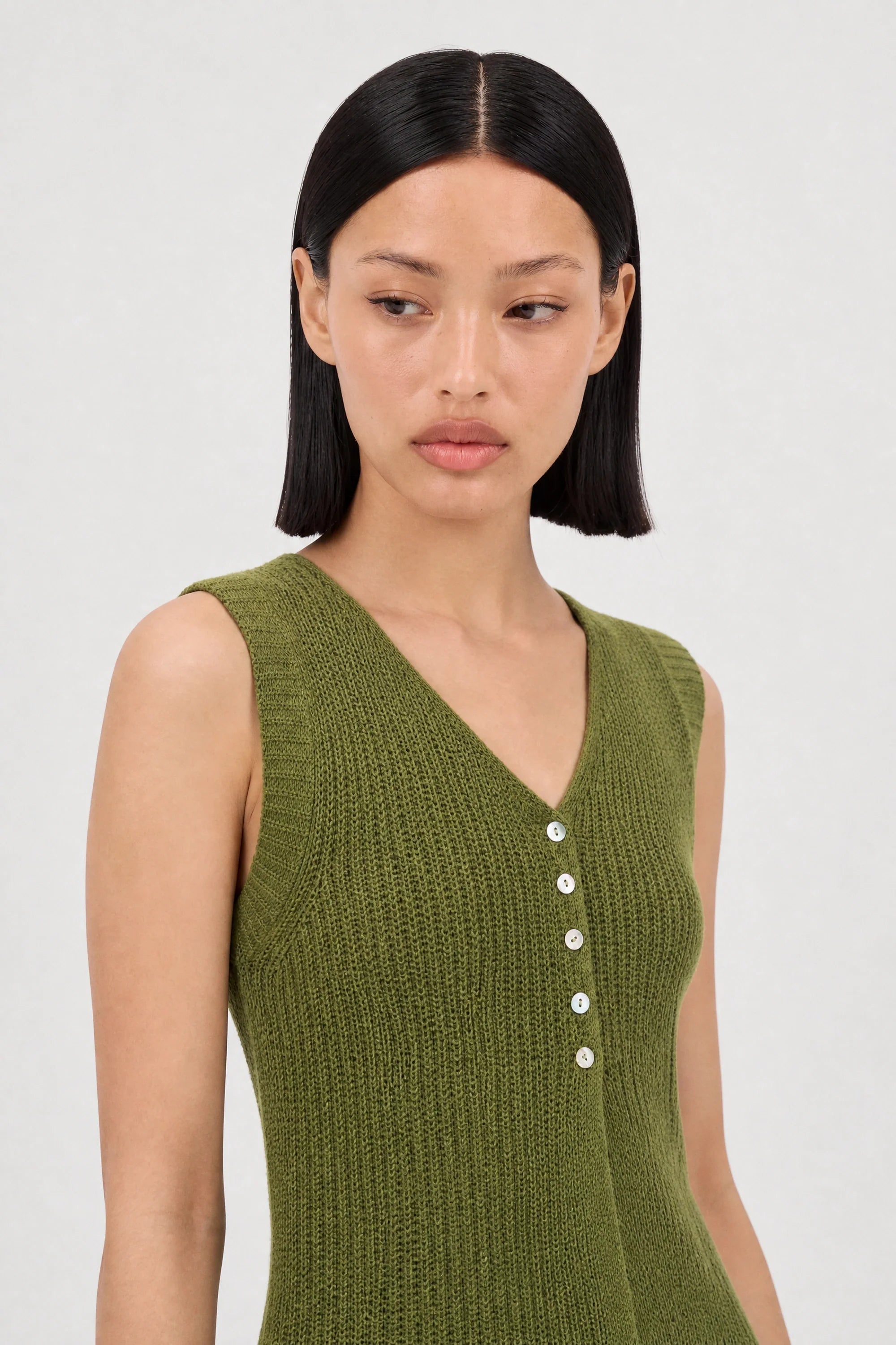 Olive green ribbed button chest sleeveless knit top
