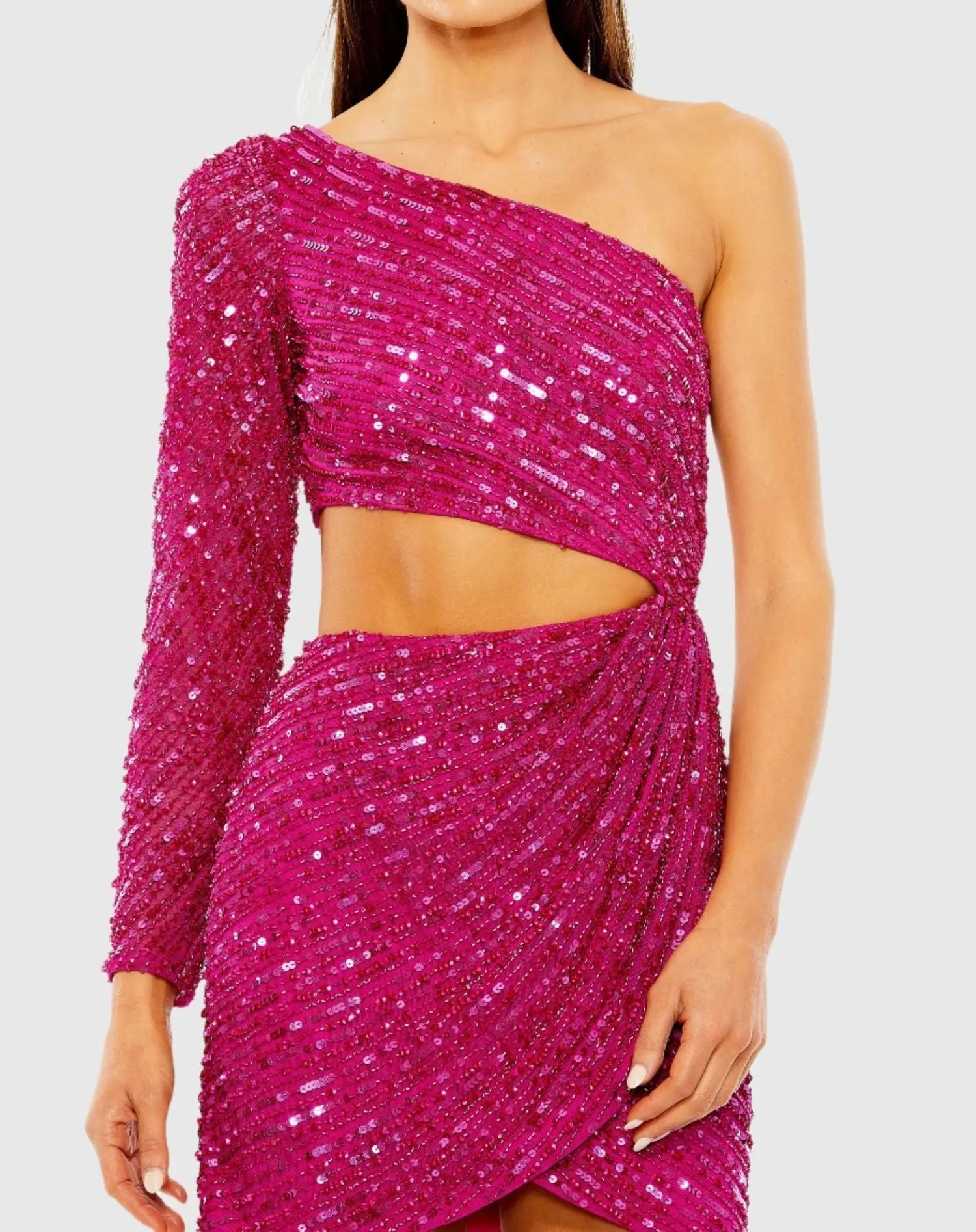 Pink One Sleeve Cut-Out Draped Front Beaded Mini Dress - FINAL SALE