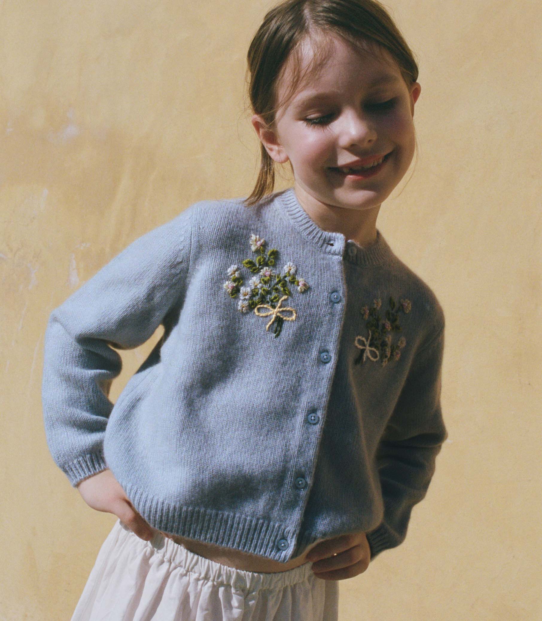 PETIT GARDENIA CASHMERE CARDIGAN -- CLEAR SKY