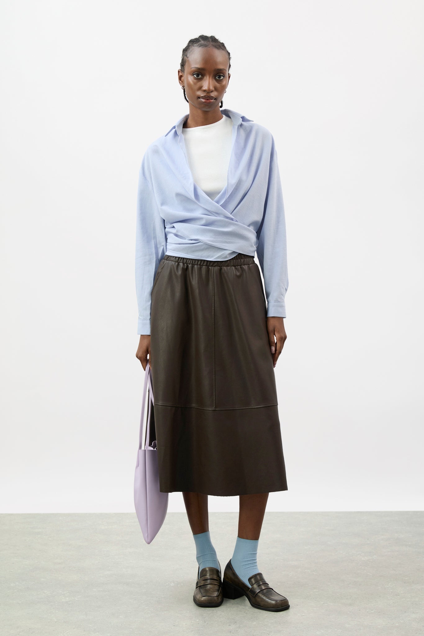 Pale blue linen plunging tie front shirt