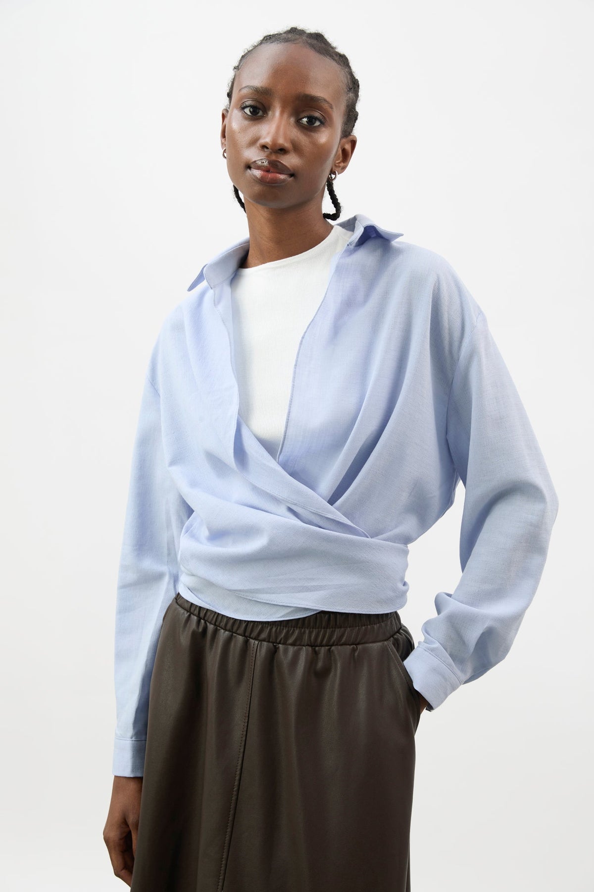 Pale blue linen plunging tie front shirt