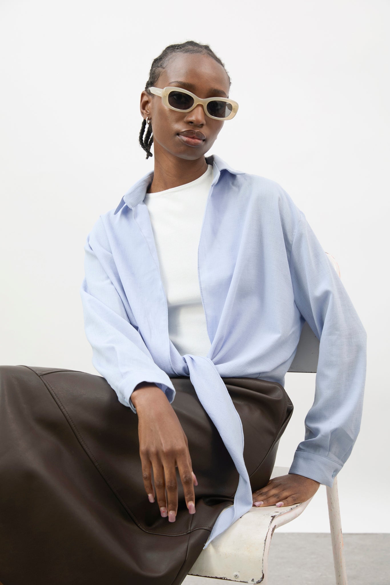 Pale blue linen plunging tie front shirt