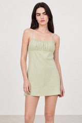 Pale green ruched thin strap side pocket mini dress